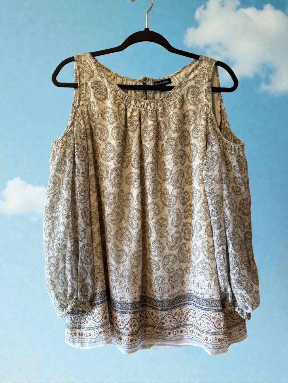 Max Edition Cream/Navy/Green Paisley Floral Print Cold-Shoulder Top